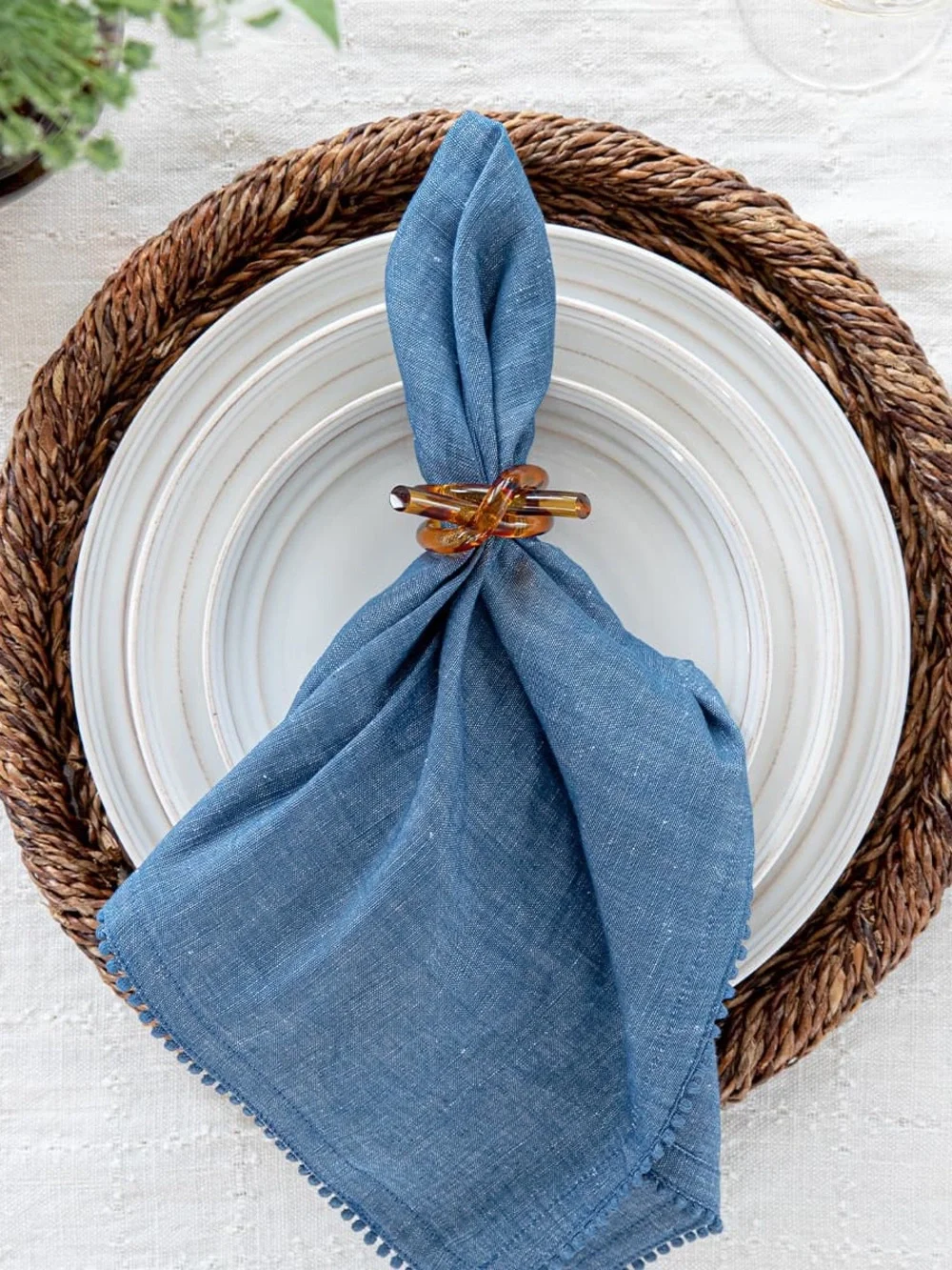 Juliska Berry Trim Navy Denim Blue Napkins Set of 8 Linen Cotton 21”